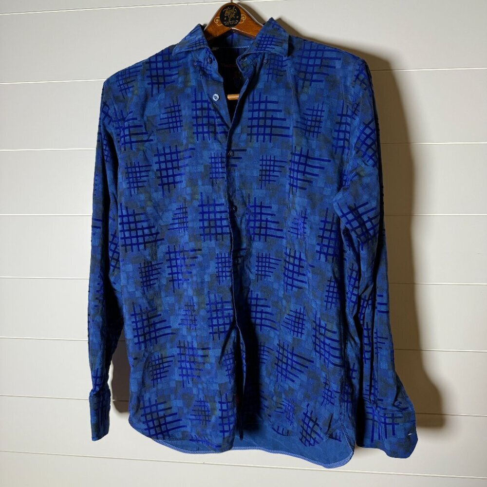Visconti Black Long Sleeve Button Down Blue Dimensional Pattern Size Medium